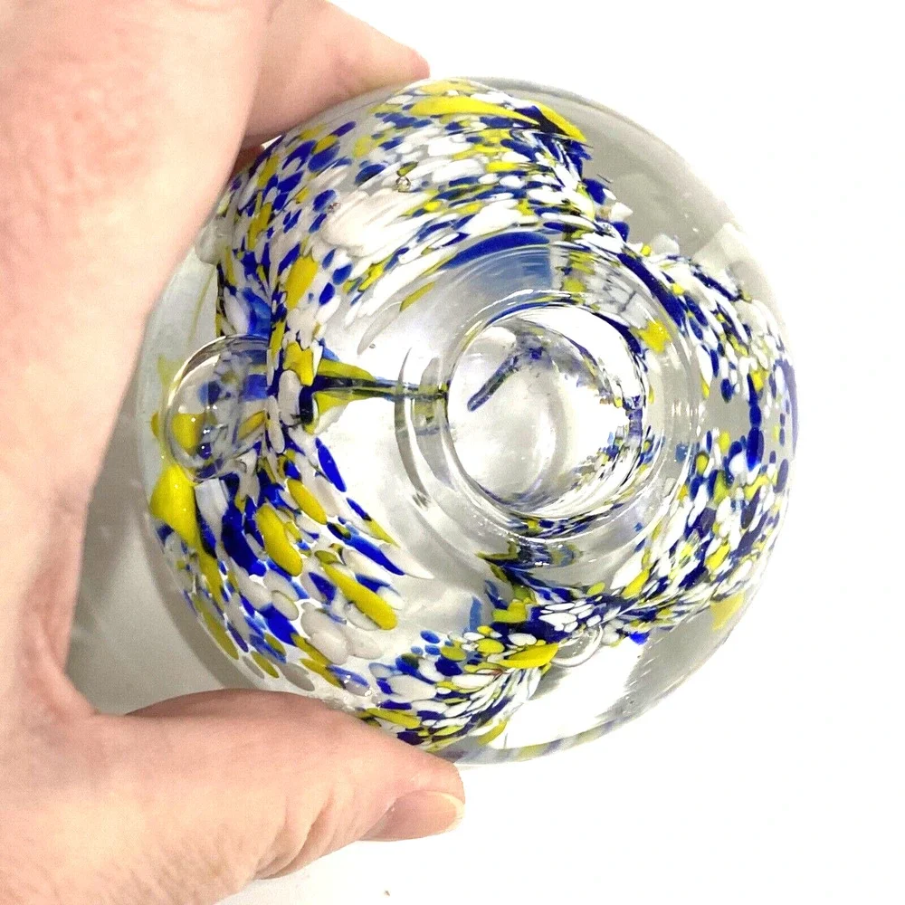 Vintage art glass candle holders pair (2) royal blue yellow white flower bubble